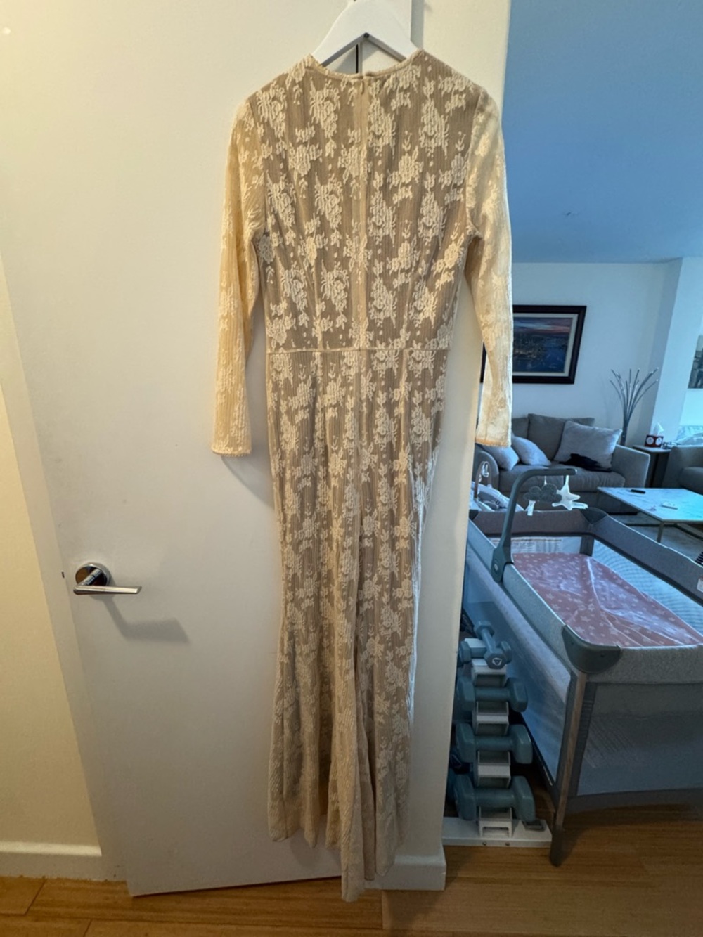 Beige Long-Sleeve Lace Maxi Dress